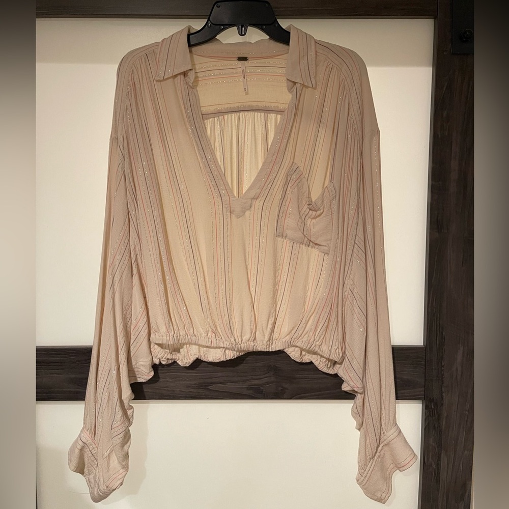 Free People Cream V-Neck Blouse Relaxed Fit